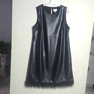 ForCynthia Black faux Leather Shift Dress real Feathers Hem Size M Sleeveless